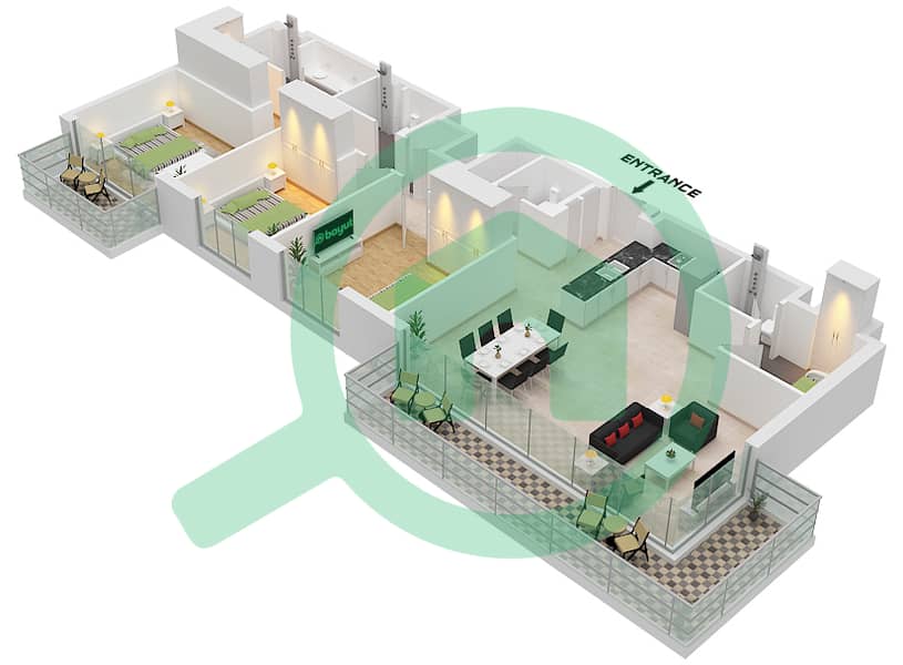 المخططات الطابقية لتصميم النموذج / الوحدة 1 / UNIT 3 FLOOR 9-15 شقة 3 غرف نوم - جولف جراند Type 1 Unit 3 Floor 9-15 interactive3D