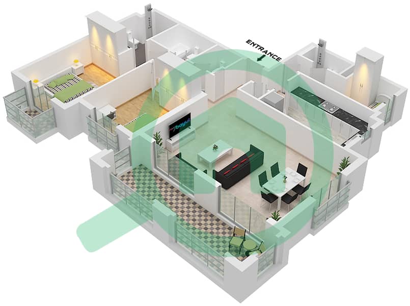 المخططات الطابقية لتصميم النموذج M4 شقة 2 غرفة نوم - غرناطة Type M4 interactive3D