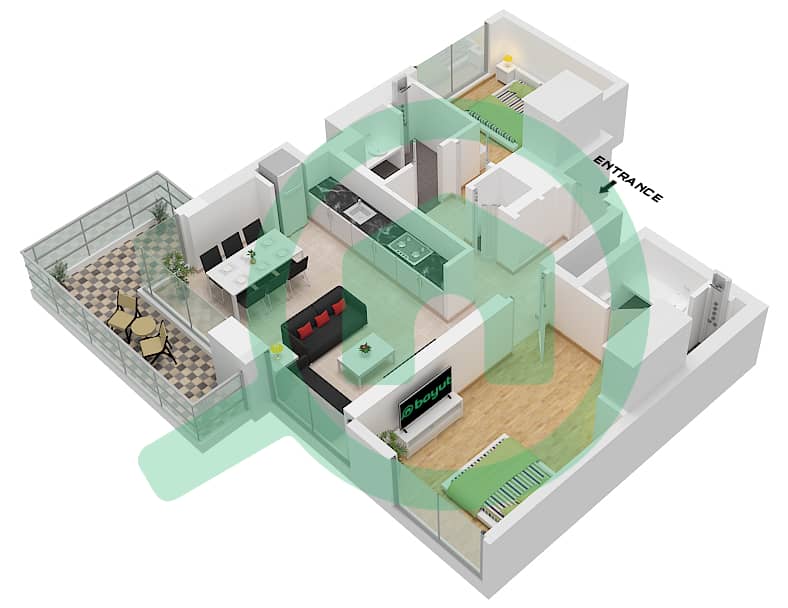 Palace Residences North - 2 Bedroom Apartment Unit 3 FLOOR 1-19,21-33 Floor plan Unit 3 Floor 1-19,21-33 interactive3D