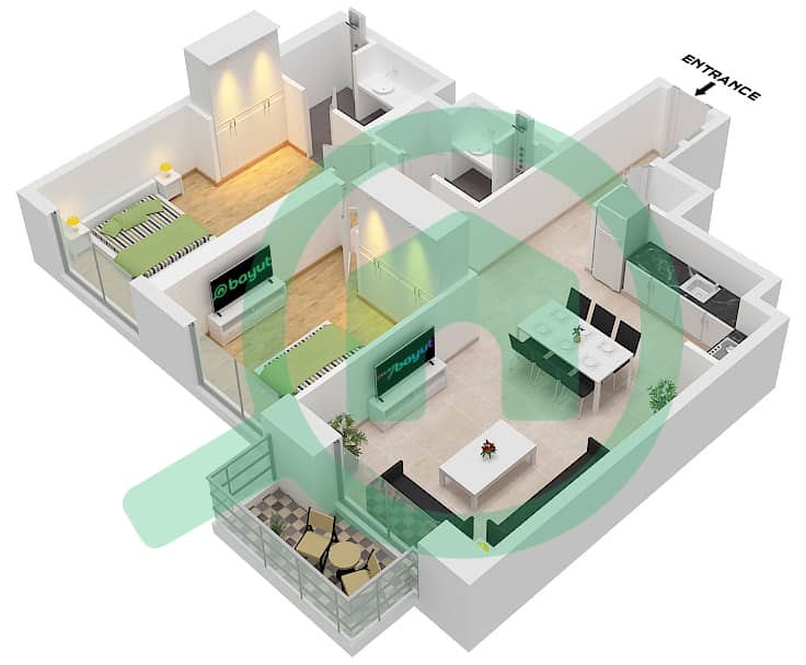 المخططات الطابقية لتصميم الوحدة 6 FLOOR 2-19 شقة 2 غرفة نوم - بالاس ريزيدنسز نورث Unit 6 Floor 2-19,21-33 Unit 3 Floor 20 interactive3D