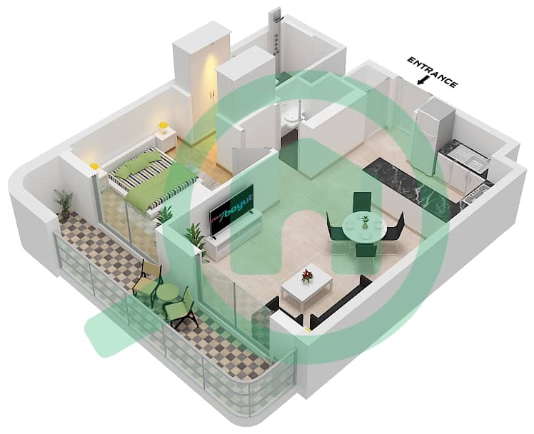 المخططات الطابقية لتصميم النموذج 1,4 شقة 1 غرفة نوم - منارة ليفينج 2 Type 1,4 interactive3D