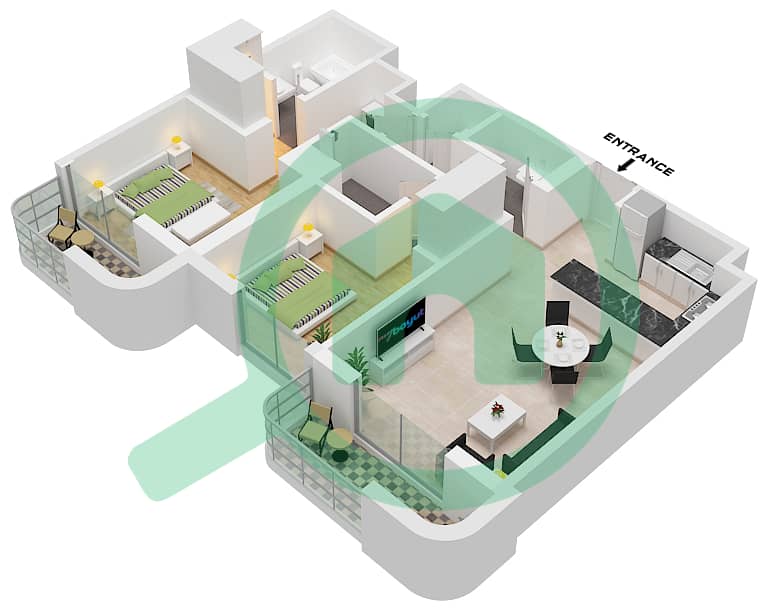 Manarat Living II - 2 Bedroom Apartment Type 1 Floor plan Type 1 interactive3D