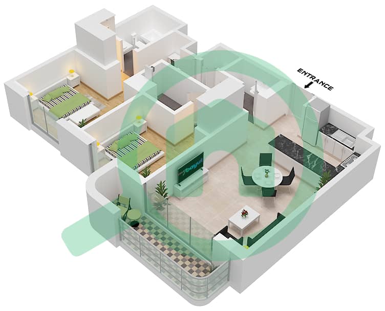 Manarat Living II - 2 Bedroom Apartment Type 3 Floor plan Type 3 interactive3D