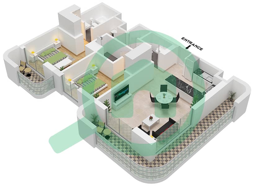 المخططات الطابقية لتصميم النموذج 4 شقة 2 غرفة نوم - منارة ليفينج 2 Type 4 interactive3D