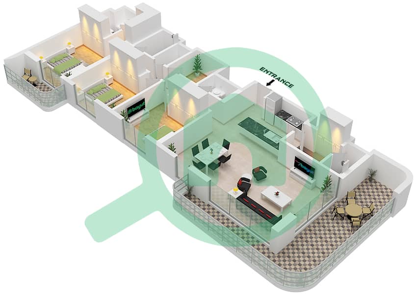 Manarat Living II - 3 Bedroom Apartment Type 1 Floor plan Type 1 interactive3D