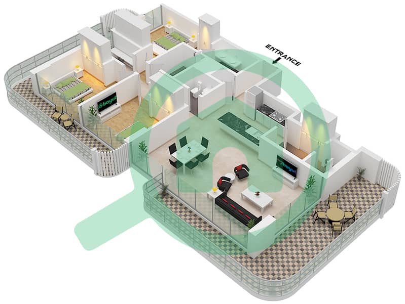 Manarat Living II - 3 Bedroom Apartment Type 2 Floor plan Type 2 interactive3D