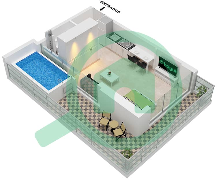 萨马纳浪潮2号公寓大楼 - 单身公寓单位1 FLOOR 1戶型图 Unit 1 Floor 1 interactive3D