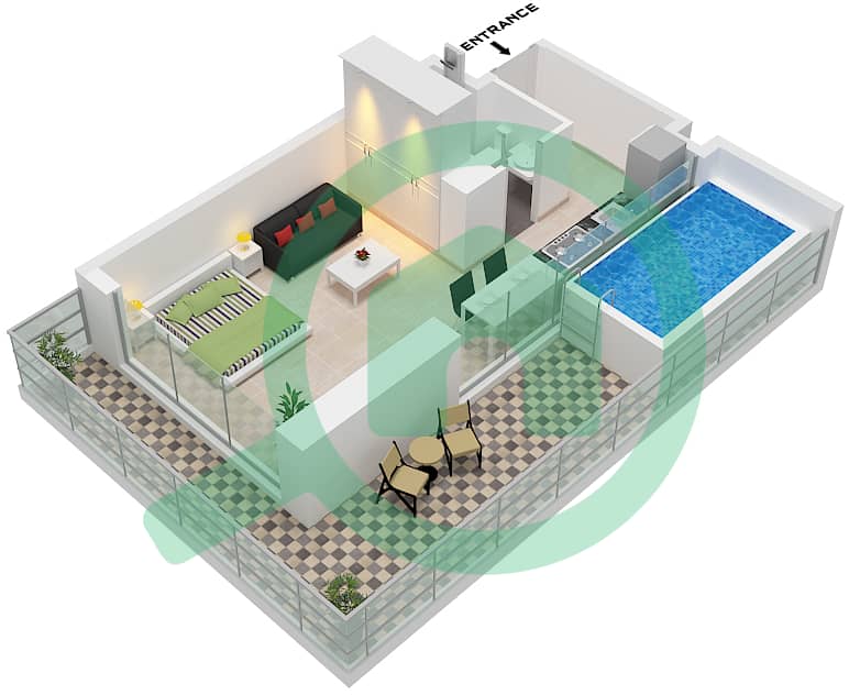 萨马纳浪潮2号公寓大楼 - 单身公寓单位7 FLOOR 1戶型图 Unit 7 Floor 1 interactive3D