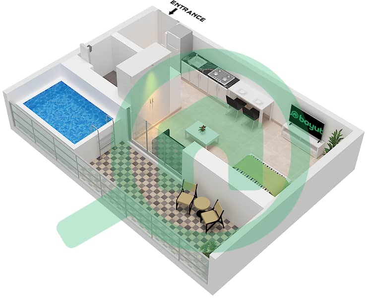 萨马纳浪潮2号公寓大楼 - 单身公寓单位8 FLOOR 1戶型图 Unit 8 Floor 1 interactive3D