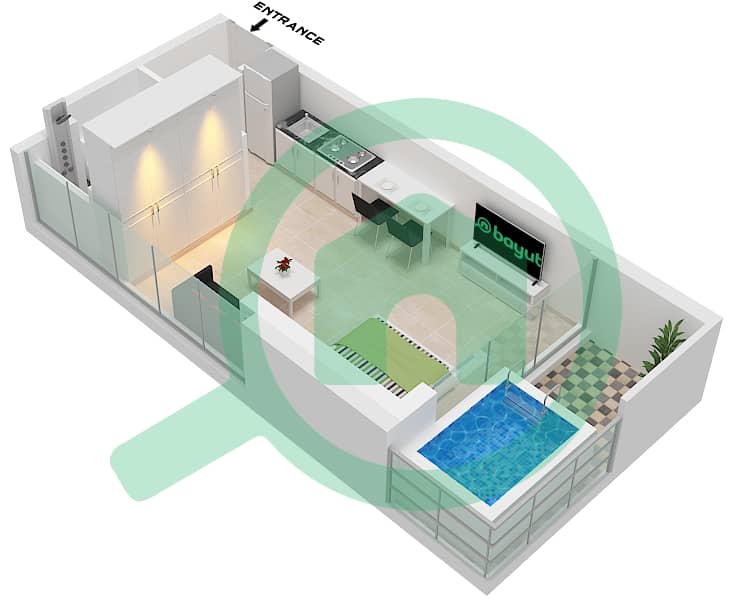 萨马纳浪潮2号公寓大楼 - 单身公寓单位1 FLOOR 2-14戶型图 Unit 1 Floor 2-14 interactive3D