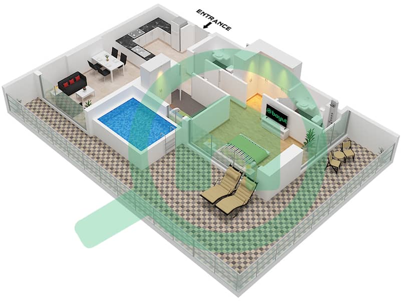萨马纳浪潮2号公寓大楼 - 1 卧室公寓单位3 FLOOR 1戶型图 Unit 3 Floor 1 interactive3D