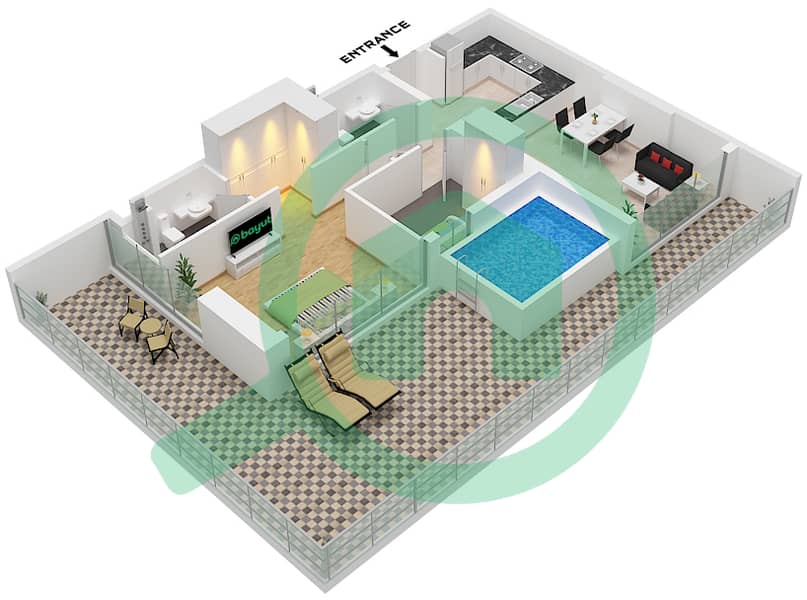 萨马纳浪潮2号公寓大楼 - 1 卧室公寓单位5 FLOOR 1戶型图 Unit 5 Floor 1 interactive3D