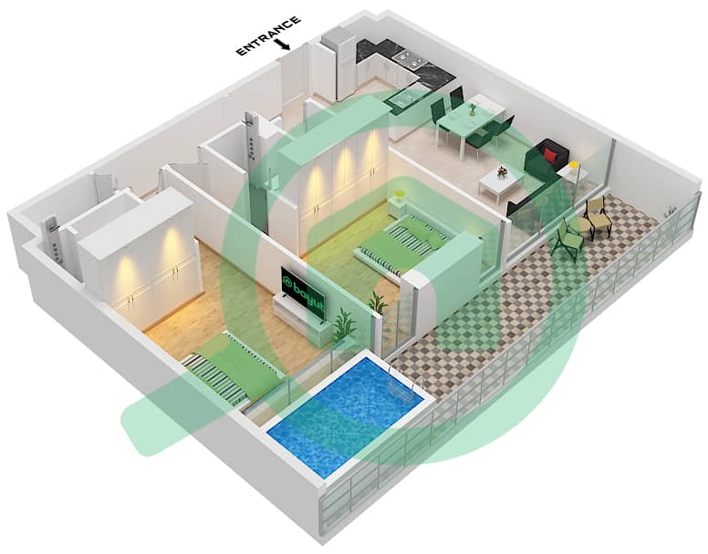 萨马纳浪潮2号公寓大楼 - 2 卧室公寓单位4 FLOOR 1戶型图 Unit 4 Floor 1 interactive3D