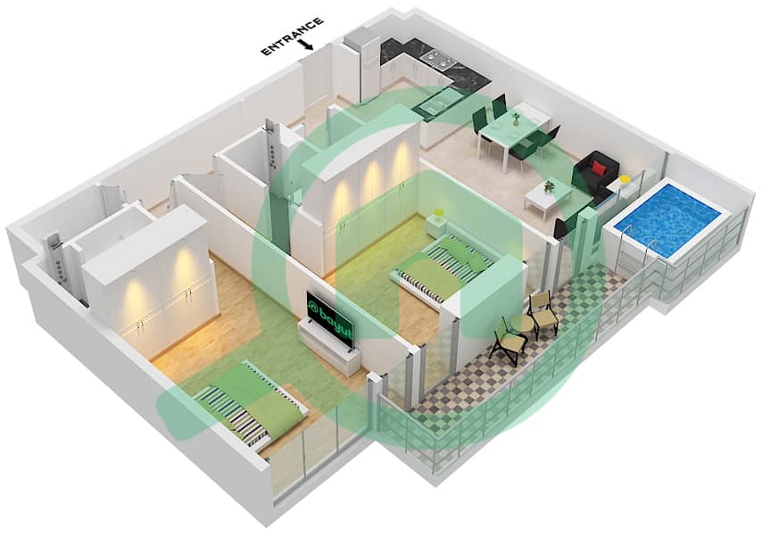 萨马纳浪潮2号公寓大楼 - 2 卧室公寓单位5 FLOOR 2,4,6,8,10,12,14戶型图 Unit 5 Floor 2,4,6,8,10,12,14 interactive3D