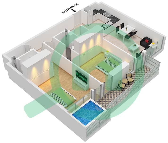 المخططات الطابقية لتصميم الوحدة 5 FLOOR 3,5,7,9,11,13 شقة 2 غرفة نوم - سمانا ويفز 2 Unit 5 Floor 3,5,7,9,11,13 interactive3D