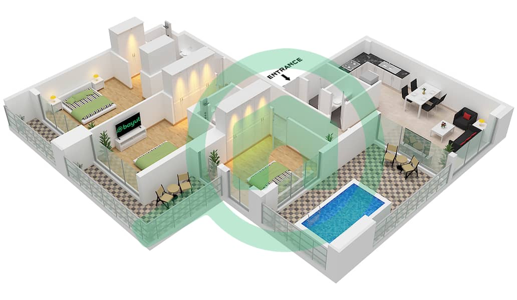萨马纳浪潮2号公寓大楼 - 3 卧室公寓单位2 FLOOR 16戶型图 Unit 2 Floor 16 interactive3D