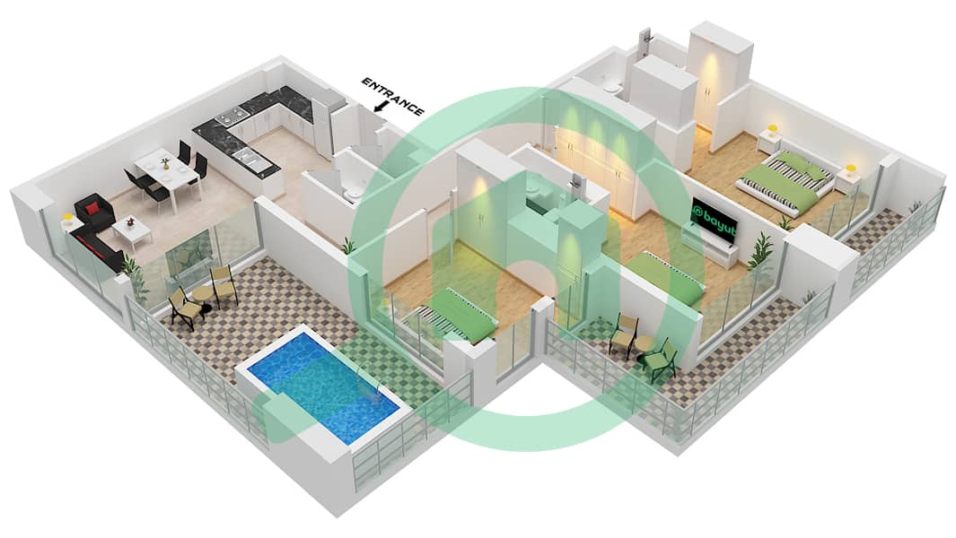 萨马纳浪潮2号公寓大楼 - 3 卧室公寓单位3 FLOOR 16戶型图 Unit 3 Floor 16 interactive3D