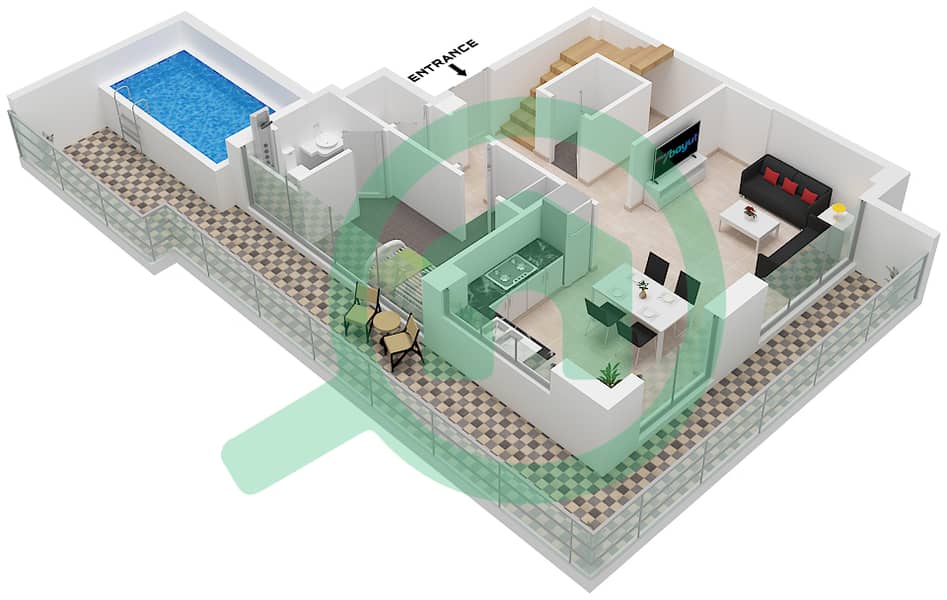 萨马纳浪潮2号公寓大楼 - 2 卧室公寓单位1 FLOOR 17戶型图 Unit 1 Floor 17 Lower Floor interactive3D