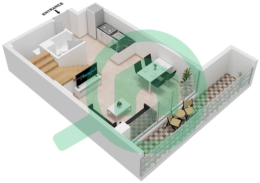 萨马纳浪潮2号公寓大楼 - 1 卧室公寓单位2 FLOOR 17戶型图 Unit 2 Floor 17 Lower Floor interactive3D