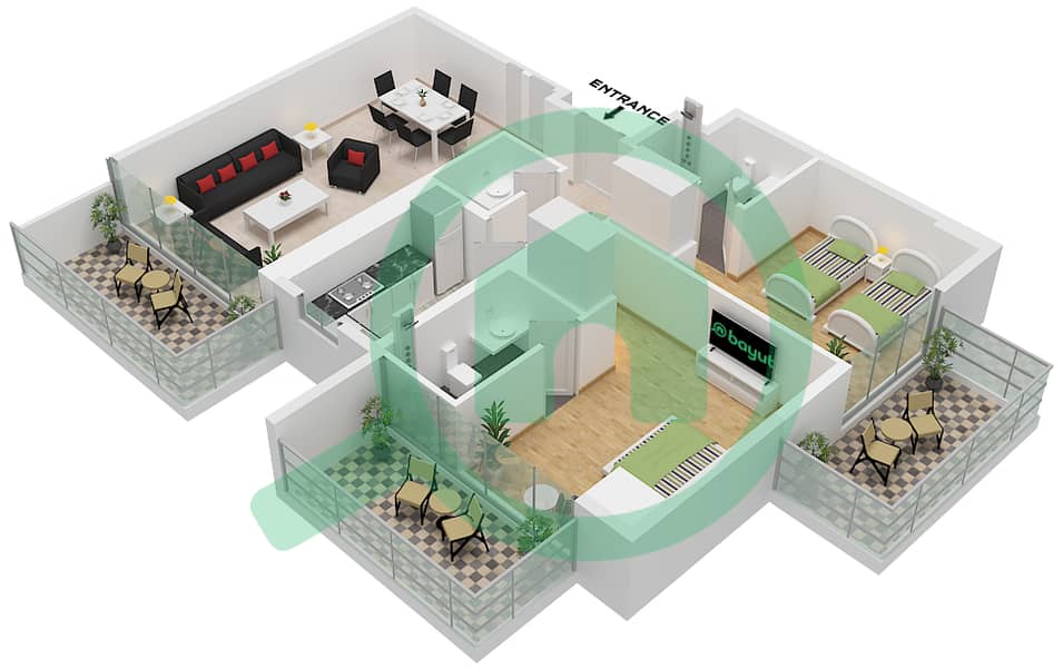 المخططات الطابقية لتصميم الوحدة 7 FLOOR 26 شقة 2 غرفة نوم - برج البنفسج Unit 7 Floor 26 interactive3D