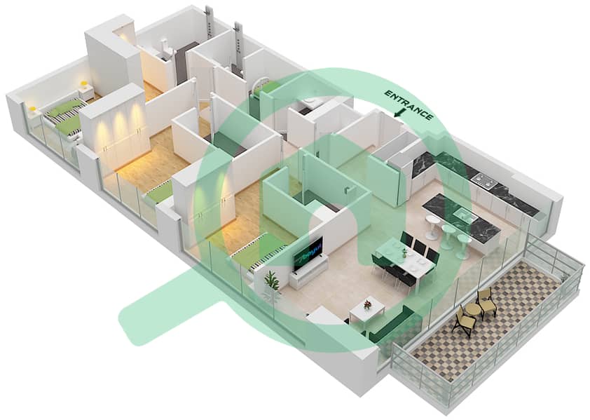 The Quayside - 3 Bedroom Apartment Type/unit A  / UNIT 1 FLOOR 2-15 Floor plan Type A Unit 1 Floor 2-15 interactive3D
