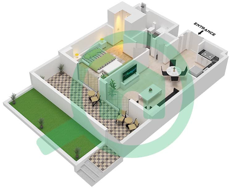 Здание Клирпоинт 1 - Апартамент 1 Спальня планировка Тип/мера 1C / UNIT 7 FLOOR 1 Type 1C Unit 7 Floor 1 interactive3D