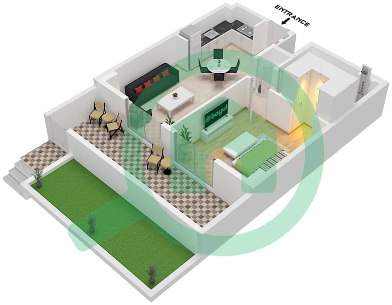 Здание Клирпоинт 1 - Апартамент 1 Спальня планировка Тип/мера 1E / UNIT 8 FLOOR 1 Type 1E Unit 8 Floor 1 interactive3D
