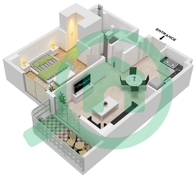 Clearpoint Building 1 - 1 Bedroom Apartment Type/unit 1H/UNIT 2,5,6,9 FLOOR 2-7 Floor plan Type 1H Unit 2,5,6,9 Floor 6,7 
Unit 6,9,10,13 Floor 2-5 interactive3D