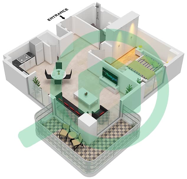 清点公寓 1 号楼 - 1 卧室公寓类型／单位2C / UNIT 1 FLOOR 2-5戶型图 Type 2C Unit 1 Floor 2-5 interactive3D