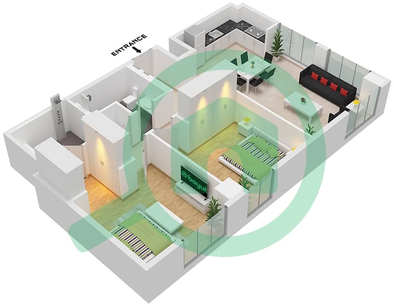 Здание Клирпоинт 1 - Апартамент 2 Cпальни планировка Тип/мера 1B / UNIT 2 FLOOR 1 Type 1B Unit 2 Floor 1 interactive3D