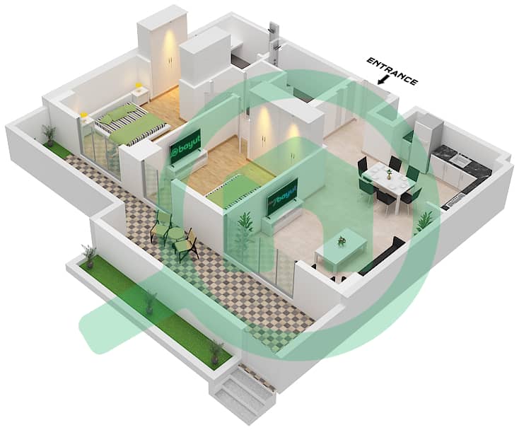 المخططات الطابقية لتصميم النموذج / الوحدة 2A / UNIT 12 FLOOR 1 شقة 2 غرفة نوم - مبنى كلير بوينت 1 Type 2A Unit 12 Floor 1 interactive3D