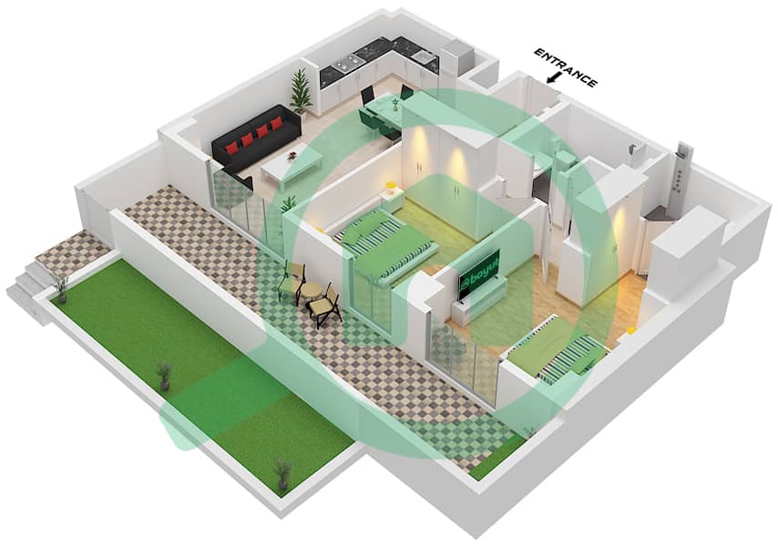 Здание Клирпоинт 1 - Апартамент 2 Cпальни планировка Тип/мера 2B / UNIT 9 FLOOR 1 Type 2B Unit 9 Floor 1 interactive3D