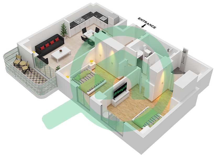 المخططات الطابقية لتصميم النموذج / الوحدة 2F / UNIT 10,14 FLOOR 2-7 شقة 2 غرفة نوم - مبنى كلير بوينت 1 Type 2F Unit 14 Floor 2-5 
Unit 10 Floor 6,7 interactive3D