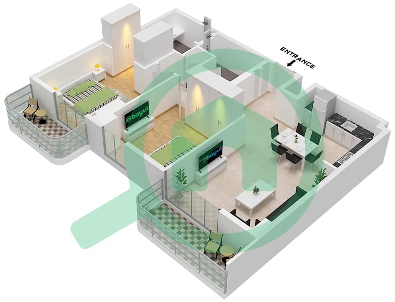 Здание Клирпоинт 1 - Апартамент 2 Cпальни планировка Тип/мера 2H / UNIT 3,15 FLOOR 2-10 Type 2H Unit 3 Floor 8-10 
Unit 15 Floor 6-7 
Unit 19 Floor 2-5 interactive3D