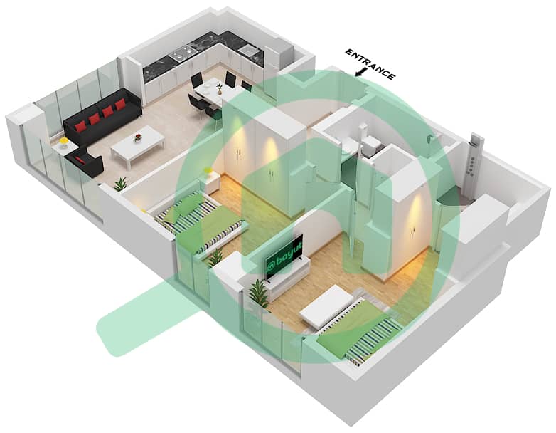 Здание Клирпоинт 1 - Апартамент 2 Cпальни планировка Тип/мера 2I / UNIT 4 FLOOR 1 Type 2I Unit 4 Floor 1 interactive3D