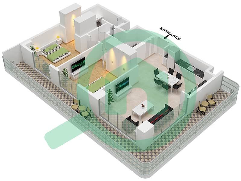 Здание Клирпоинт 1 - Апартамент 2 Cпальни планировка Тип/мера 3E / UNIT 5 FLOOR 1 Type 3E Unit 5 Floor 1 interactive3D