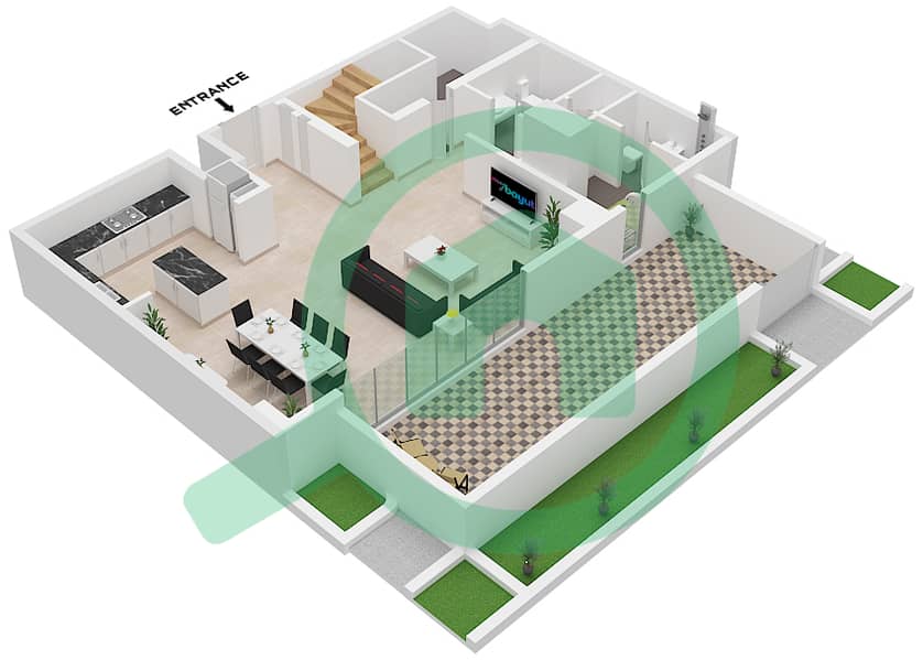 المخططات الطابقية لتصميم النموذج / الوحدة 1A / UNIT G02,G04 DUPLEX شقة 3 غرف نوم - مبنى كلير بوينت 1 Type 1A Unit G02 Ground Floor interactive3D
