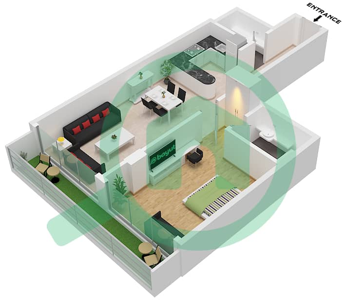 المخططات الطابقية لتصميم النموذج 4 شقة 1 غرفة نوم - بن غاطي جالاكسي برج B Type 4 interactive3D
