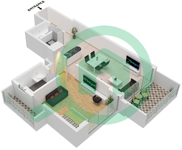 المخططات الطابقية لتصميم النموذج 8 شقة 1 غرفة نوم - بن غاطي جالاكسي برج B Type 8 interactive3D