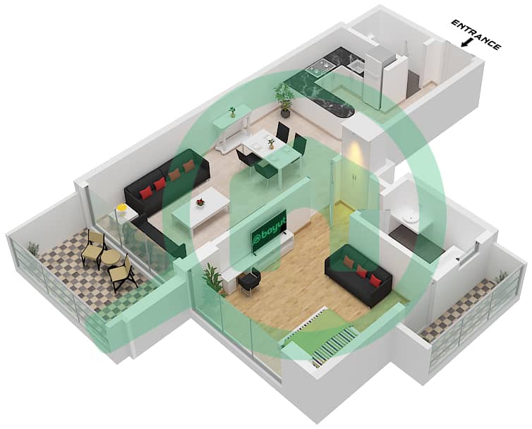 المخططات الطابقية لتصميم النموذج 10 شقة 1 غرفة نوم - بن غاطي جالاكسي برج B Type 10 interactive3D