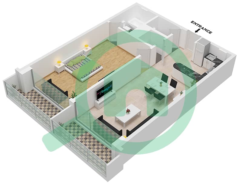 Binghatti Galaxy Tower B - 1 Bedroom Apartment Type 13 Floor plan Type 13 interactive3D