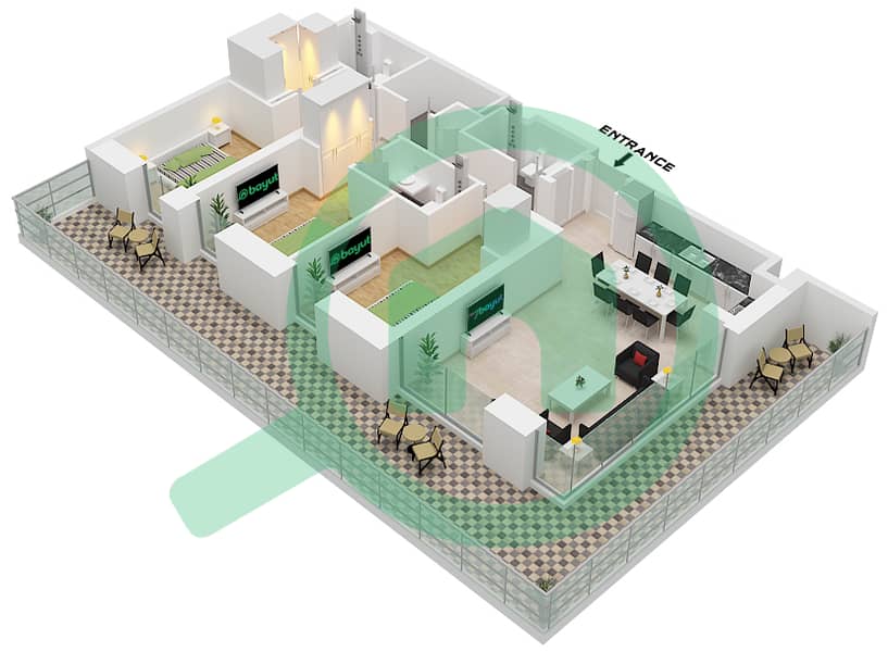 Парксайд Вьюс - Апартамент 3 Cпальни планировка Тип/мера 3 / UNIT 1 FLOOR GROUND Type 3 Unit 1 Floor Ground interactive3D