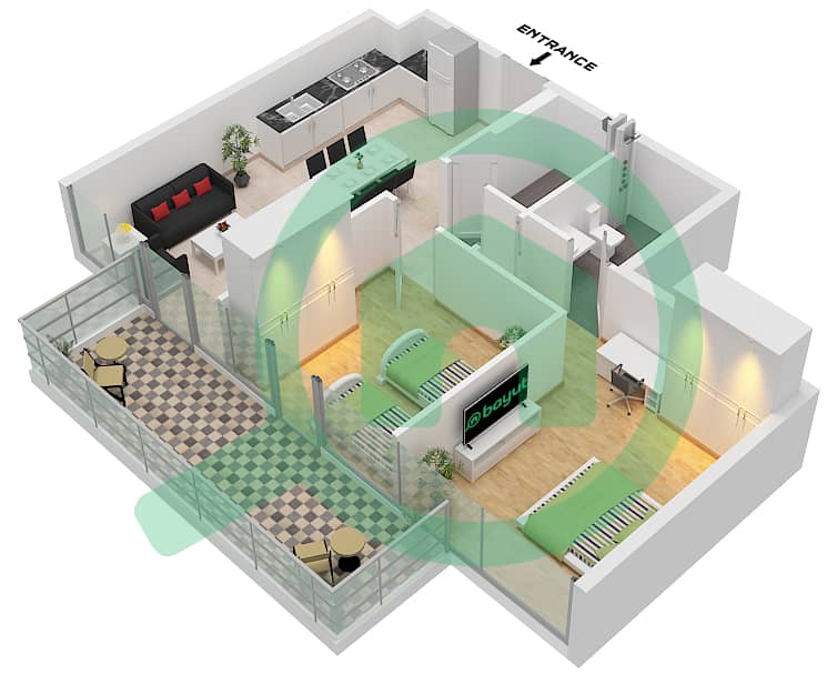 Виста 3 - Апартамент 2 Cпальни планировка Тип A1 FLOOR 7-45 Type A1 Floor 7-45 interactive3D