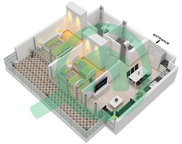 Виста 3 - Апартамент 2 Cпальни планировка Тип B1 FLOOR 7-44 Type B1 Floor 7-44 interactive3D
