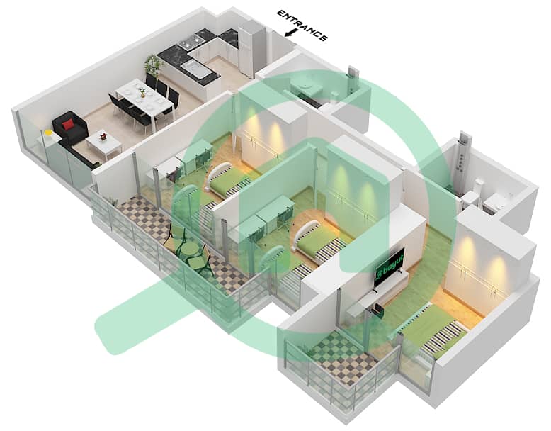 Виста 3 - Апартамент 3 Cпальни планировка Тип C FLOOR 7-44 Type C Floor 7-44 interactive3D