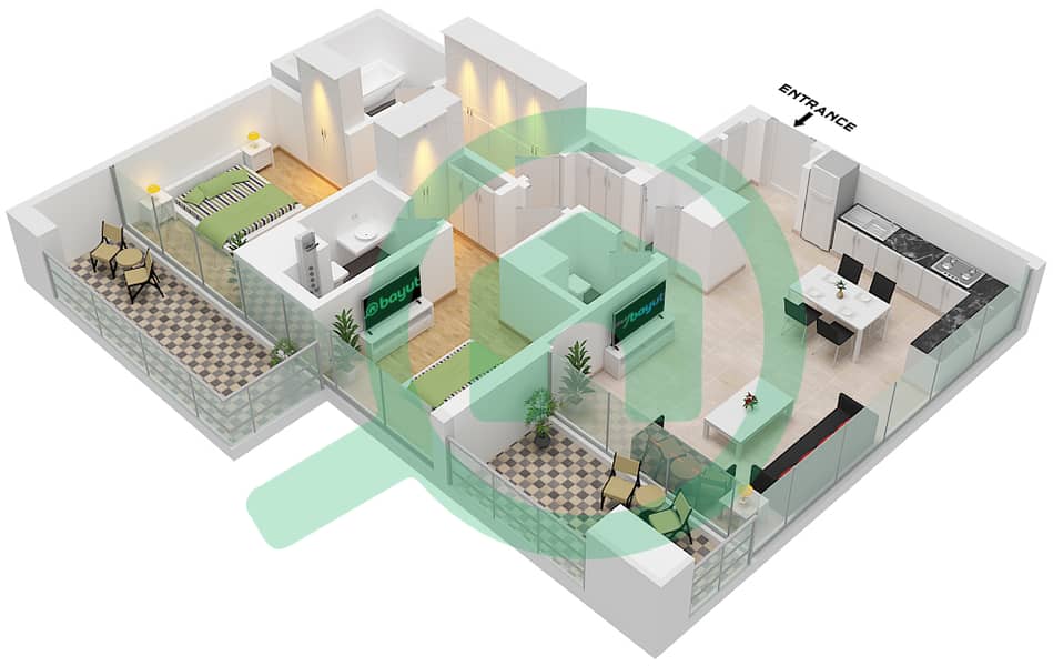 المخططات الطابقية لتصميم الوحدة 4 FLOOR 2-15,17-30 شقة 2 غرفة نوم - داون تاون فيوز 2 برج 3 Unit 4 Floor 2-15,17-30 interactive3D