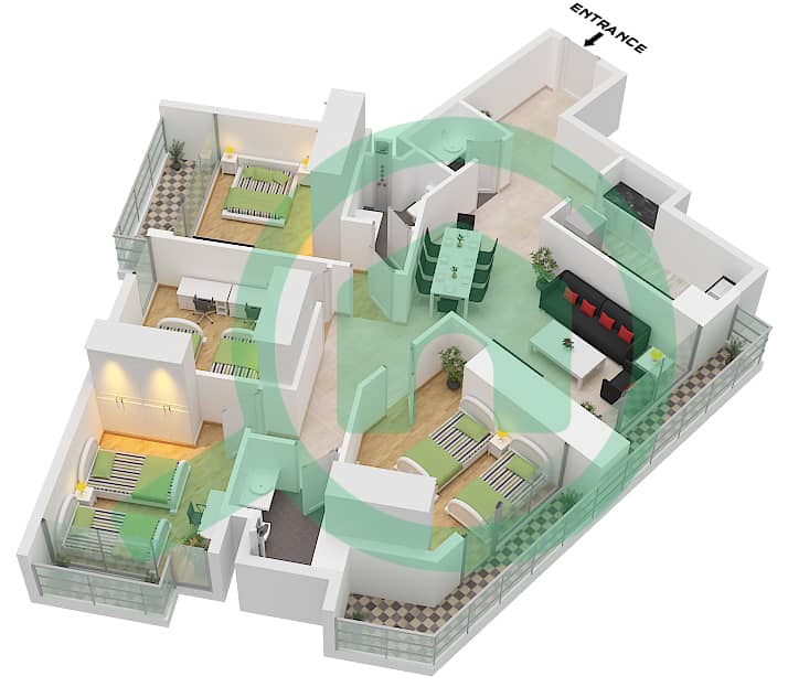Виста 3 - Апартамент 4 Cпальни планировка Тип B FLOOR 8-44 Type B Floor 8-44 interactive3D
