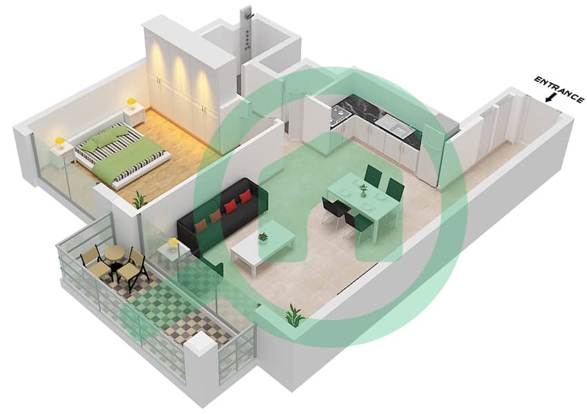 Блувотерс Бей - Апартамент 1 Спальня планировка Тип/мера 1B / UNIT 1 Type 1B Unit 1 Floor 1-17,20-40 Podium 2-3 interactive3D