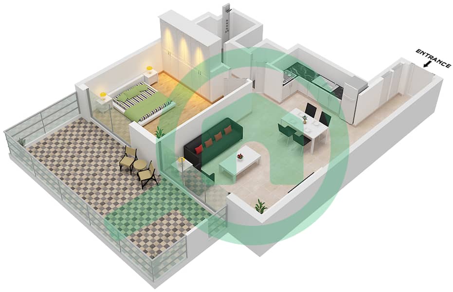 Блувотерс Бей - Апартамент 1 Спальня планировка Тип/мера 1B PROMENADE / UNIT 1 Type 1B Promenade Unit 1 Podium 1 interactive3D