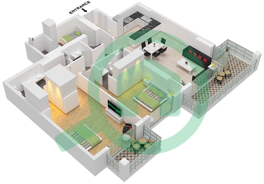 المخططات الطابقية لتصميم النموذج / الوحدة 1 / UNIT 3 شقة 2 غرفة نوم - بلوواترز باي Type 1 Unit 3 Floor 2-17,20-40 interactive3D